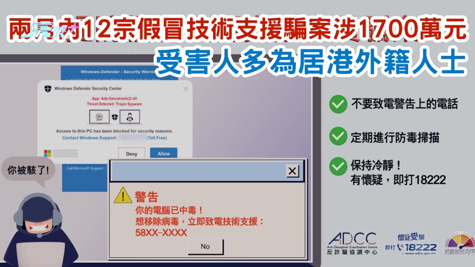 兩月內12宗假冒技術支援騙案涉1700萬元  受害人多為居港外籍人士