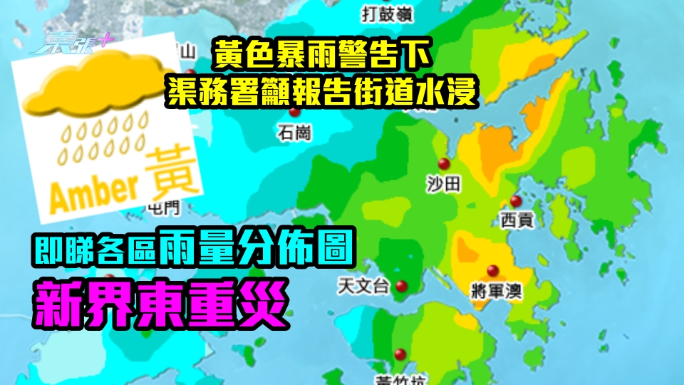 黃色暴雨警告下渠務署籲報告街道水浸　即睇各區雨量分佈圖　新界東重災