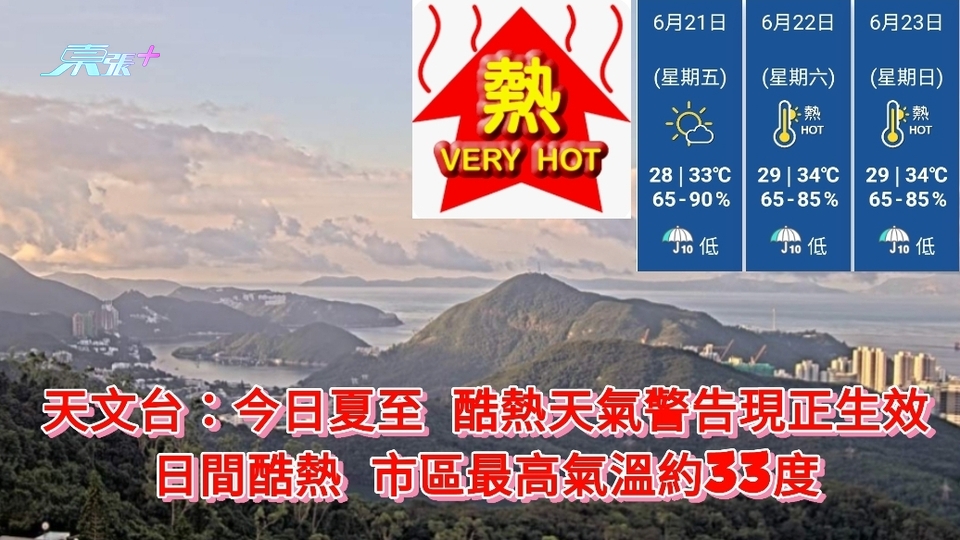 天文台：今日夏至酷熱天氣警告現正生效 日間酷熱 市區最高氣溫約33度